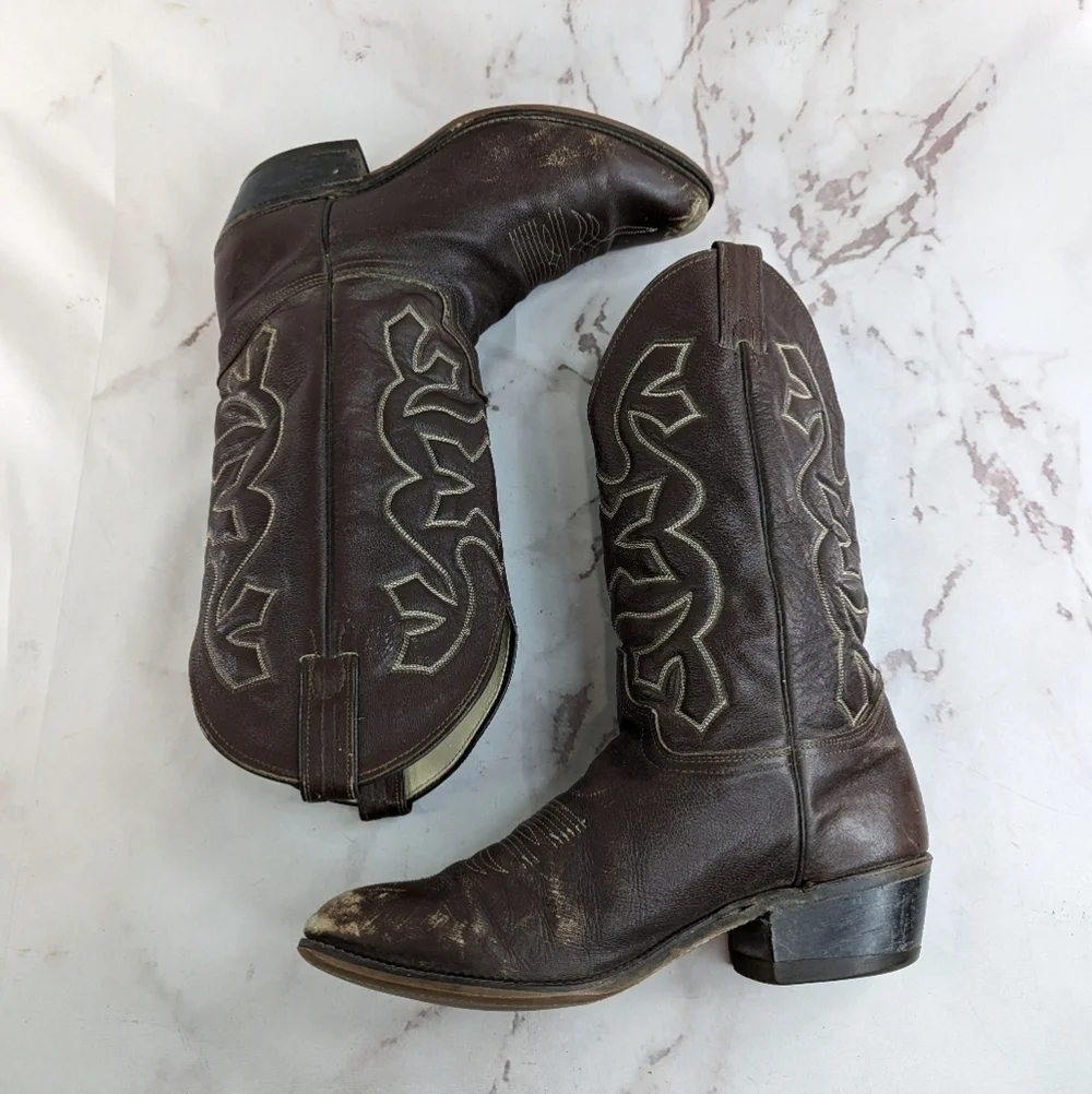 Vintage Cowboy Boots Mens 9.5 Brown Silverado Leather Western USA